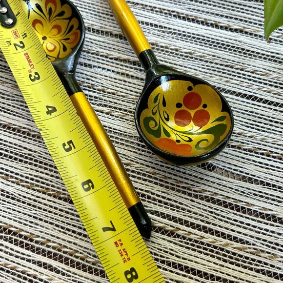 Vintage Russian Hand Painted Lacquer Wooden Spoons w/ Red & Gold Swirled Designs - Picture 6 of 9